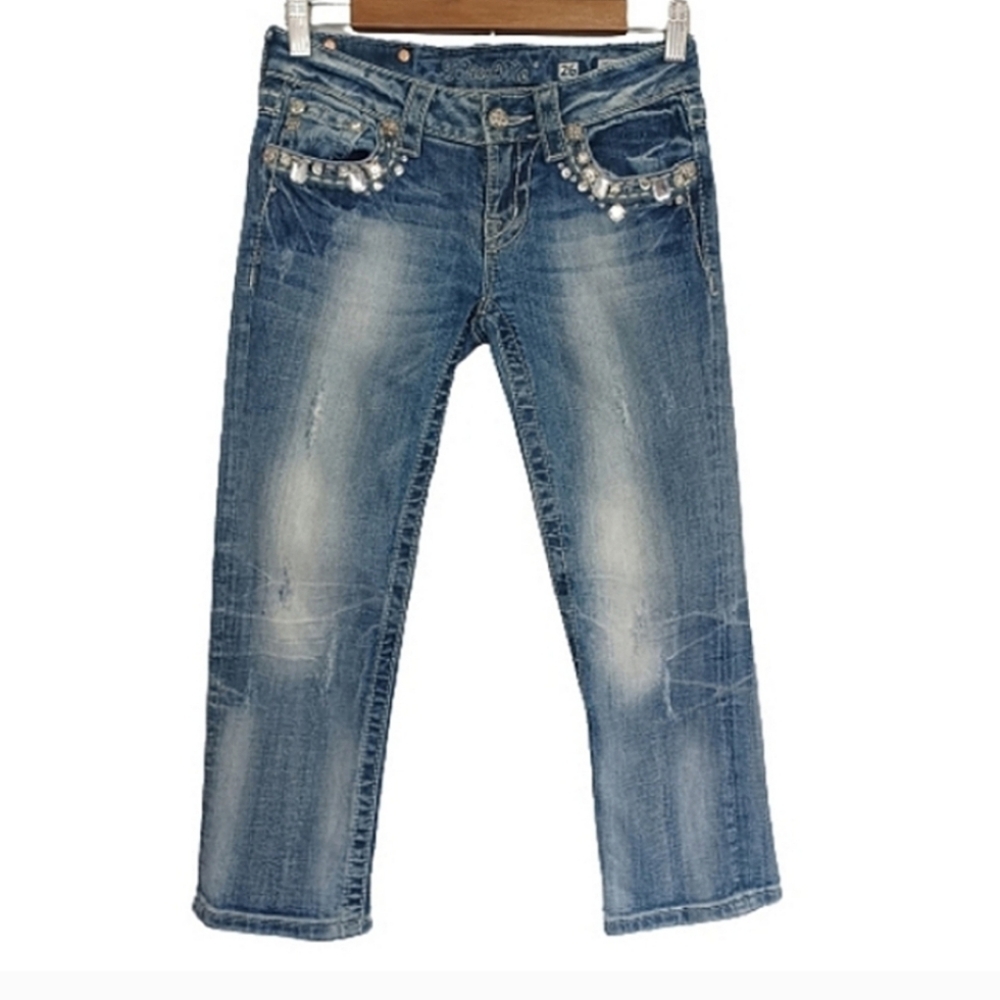 MISS ME Studded Embellished Gemstone Distressed Casual Blue Jeans Capri Pants